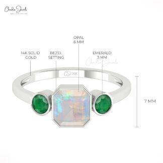 Three Stone Women Ring In Solid 14k Gold Fire Opal And 0.22 Ct Emerald Engagement Rings