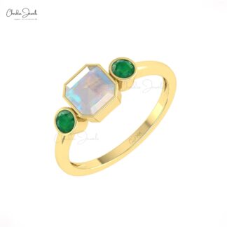 Three Stone Women Ring In Solid 14k Gold Fire Opal And 0.22 Ct Emerald Engagement Rings