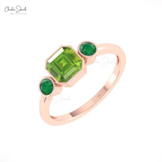 Triple Gemstone Wedding Ring In 14k Real Gold Peridot And Round Emerald Bezel Set Rings