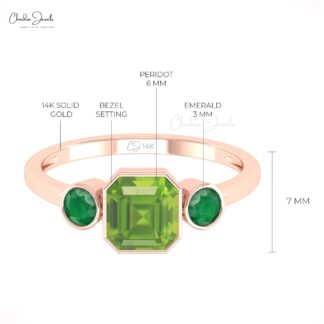 Triple Gemstone Wedding Ring In 14k Real Gold Peridot And Round Emerald Bezel Set Rings