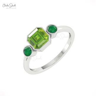 Triple Gemstone Wedding Ring In 14k Real Gold Peridot And Round Emerald Bezel Set Rings
