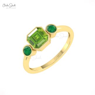 Triple Gemstone Wedding Ring In 14k Real Gold Peridot And Round Emerald Bezel Set Rings
