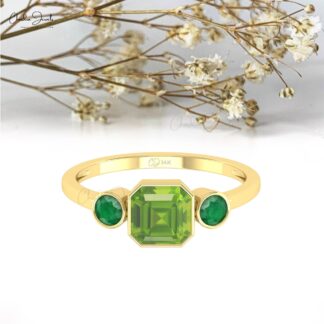 Triple Gemstone Wedding Ring In 14k Real Gold Peridot And Round Emerald Bezel Set Rings