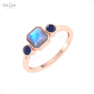 Combination 3 Stone Ring With 6mm Moonstone & Blue Sapphire Promise Ring In 14k Solid Gold