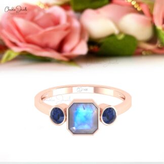Combination 3 Stone Ring With 6mm Moonstone & Blue Sapphire Promise Ring In 14k Solid Gold