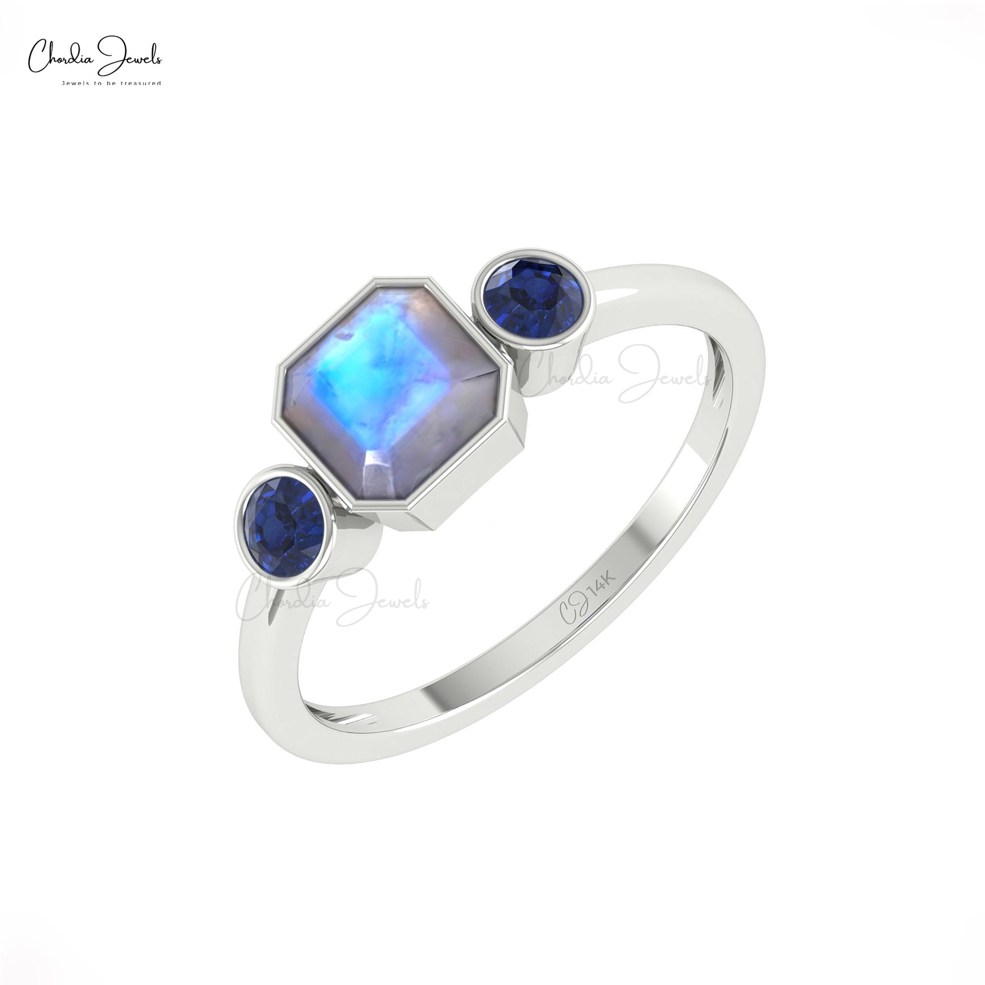 Combination 3 Stone Ring With 6mm Moonstone & Blue Sapphire Promise Ring In 14k Solid Gold