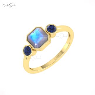 Combination 3 Stone Ring With 6mm Moonstone & Blue Sapphire Promise Ring In 14k Solid Gold