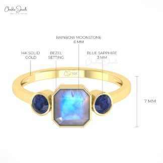 Combination 3 Stone Ring With 6mm Moonstone & Blue Sapphire Promise Ring In 14k Solid Gold