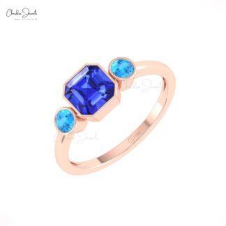 Cushion Tanzanite Combination Ring With 3mm Swiss Blue Topaz Beze Set In 14k Gold Rings