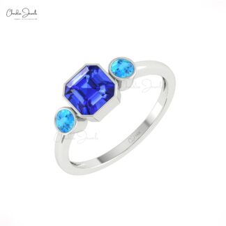 Cushion Tanzanite Combination Ring With 3mm Swiss Blue Topaz Beze Set In 14k Gold Rings