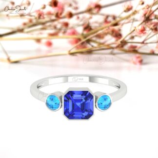 Cushion Tanzanite Combination Ring With 3mm Swiss Blue Topaz Beze Set In 14k Gold Rings