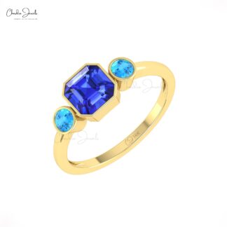 Cushion Tanzanite Combination Ring With 3mm Swiss Blue Topaz Beze Set In 14k Gold Rings