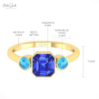 Cushion Tanzanite Combination Ring With 3mm Swiss Blue Topaz Beze Set In 14k Gold Rings