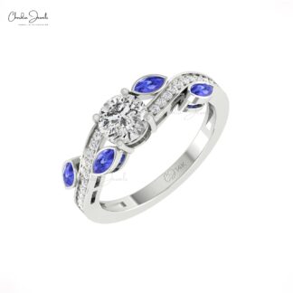 Diamond Floral Bridal Ring In 14k Solid Gold Moissanite 6mm Round And Tanzanite Rings