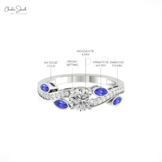 Diamond Floral Bridal Ring In 14k Solid Gold Moissanite 6mm Round And Tanzanite Rings