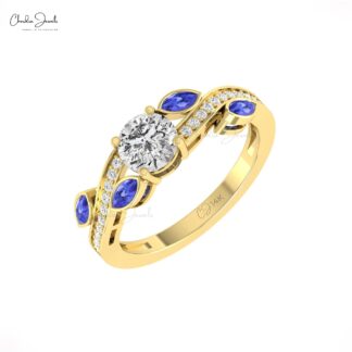 Diamond Floral Bridal Ring In 14k Solid Gold Moissanite 6mm Round And Tanzanite Rings