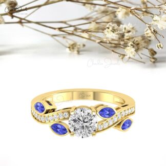 Diamond Floral Bridal Ring In 14k Solid Gold Moissanite 6mm Round And Tanzanite Rings
