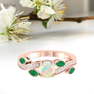 Floral Diamond Ring In 14k Solid Gold Fire Opal 6mm And Marquise Emerald Wedding Rings