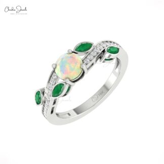 Floral Diamond Ring In 14k Solid Gold Fire Opal 6mm And Marquise Emerald Wedding Rings