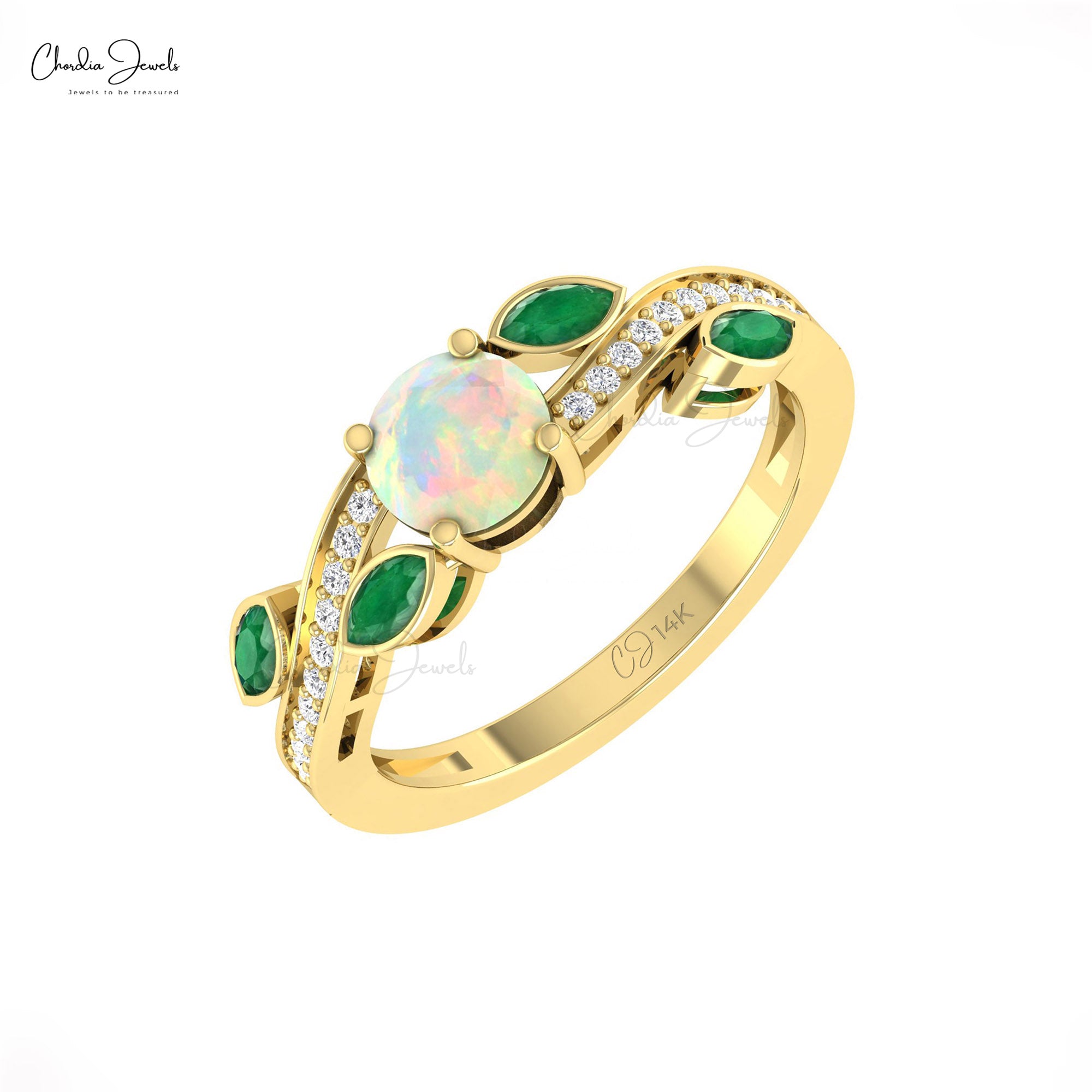 Floral Diamond Ring In 14k Solid Gold Fire Opal 6mm And Marquise Emerald Wedding Rings