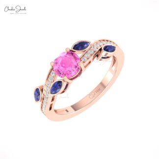 Solid 14k Gold Diamond Wave Ring With 6mm Pink Sapphire And Emerald Floral Unique Rings