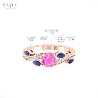 Solid 14k Gold Diamond Wave Ring With 6mm Pink Sapphire And Emerald Floral Unique Rings