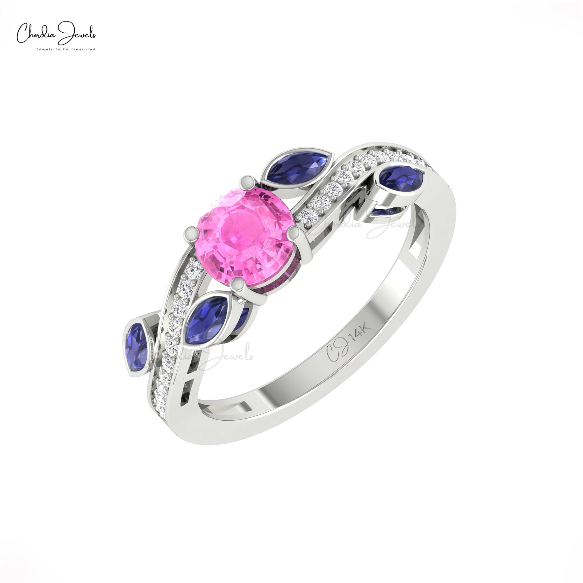 Solid 14k Gold Diamond Wave Ring With 6mm Pink Sapphire And Emerald Floral Unique Rings