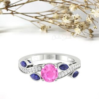 Solid 14k Gold Diamond Wave Ring With 6mm Pink Sapphire And Emerald Floral Unique Rings