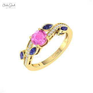 Solid 14k Gold Diamond Wave Ring With 6mm Pink Sapphire And Emerald Floral Unique Rings
