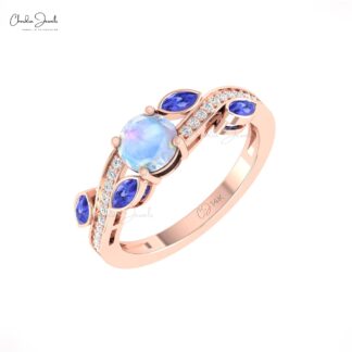 Wave Moonstone Floral Rings With 0.32 Ct Tanzanite And Diamond 14k Solid Gold Women Ring