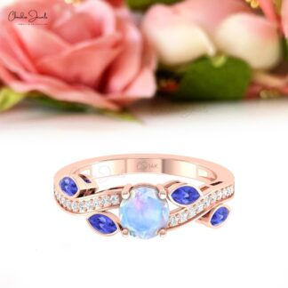 Wave Moonstone Floral Rings With 0.32 Ct Tanzanite And Diamond 14k Solid Gold Women Ring