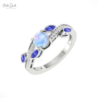Wave Moonstone Floral Rings With 0.32 Ct Tanzanite And Diamond 14k Solid Gold Women Ring