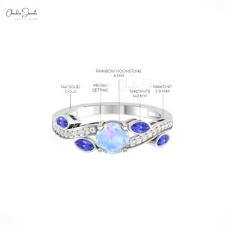 Wave Moonstone Floral Rings With 0.32 Ct Tanzanite And Diamond 14k Solid Gold Women Ring
