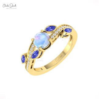 Wave Moonstone Floral Rings With 0.32 Ct Tanzanite And Diamond 14k Solid Gold Women Ring
