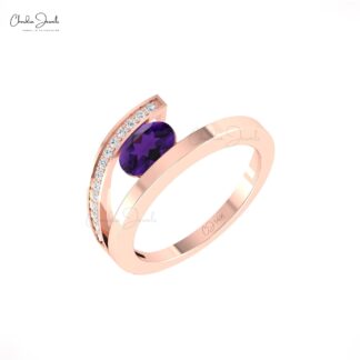 Diamond Bypass Ring In Pure 14k Gold Amethyst 7x5mm Gemstone Minimalist Rings For Her