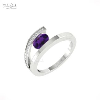 Diamond Bypass Ring In Pure 14k Gold Amethyst 7x5mm Gemstone Minimalist Rings For Her