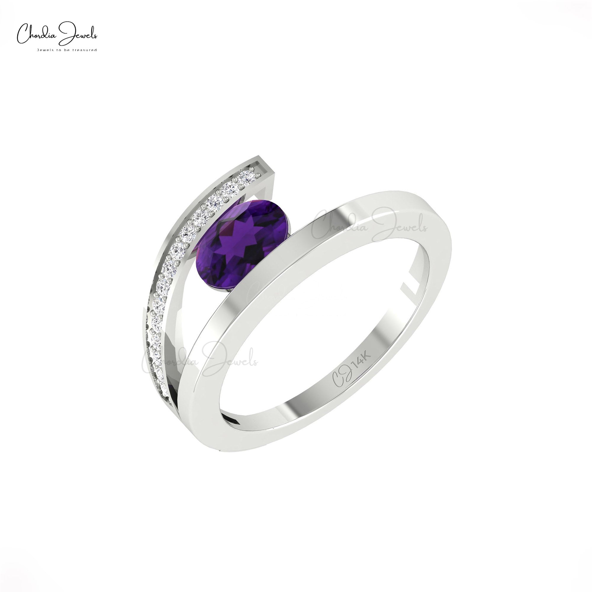 Diamond Bypass Ring In Pure 14k Gold Amethyst 7x5mm Gemstone Minimalist Rings For Her