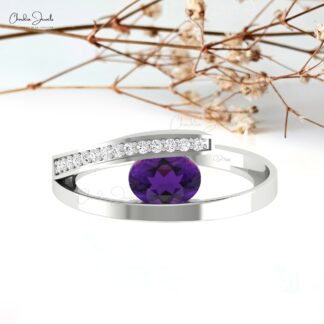 Diamond Bypass Ring In Pure 14k Gold Amethyst 7x5mm Gemstone Minimalist Rings For Her