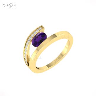 Diamond Bypass Ring In Pure 14k Gold Amethyst 7x5mm Gemstone Minimalist Rings For Her