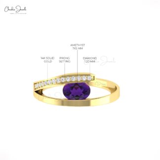 Diamond Bypass Ring In Pure 14k Gold Amethyst 7x5mm Gemstone Minimalist Rings For Her