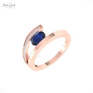 Dual Birthstone Split Shank Ring In 4k Real Gold Blue Sapphire Pave Diamond Bridal Rings