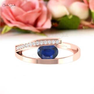 Dual Birthstone Split Shank Ring In 4k Real Gold Blue Sapphire Pave Diamond Bridal Rings