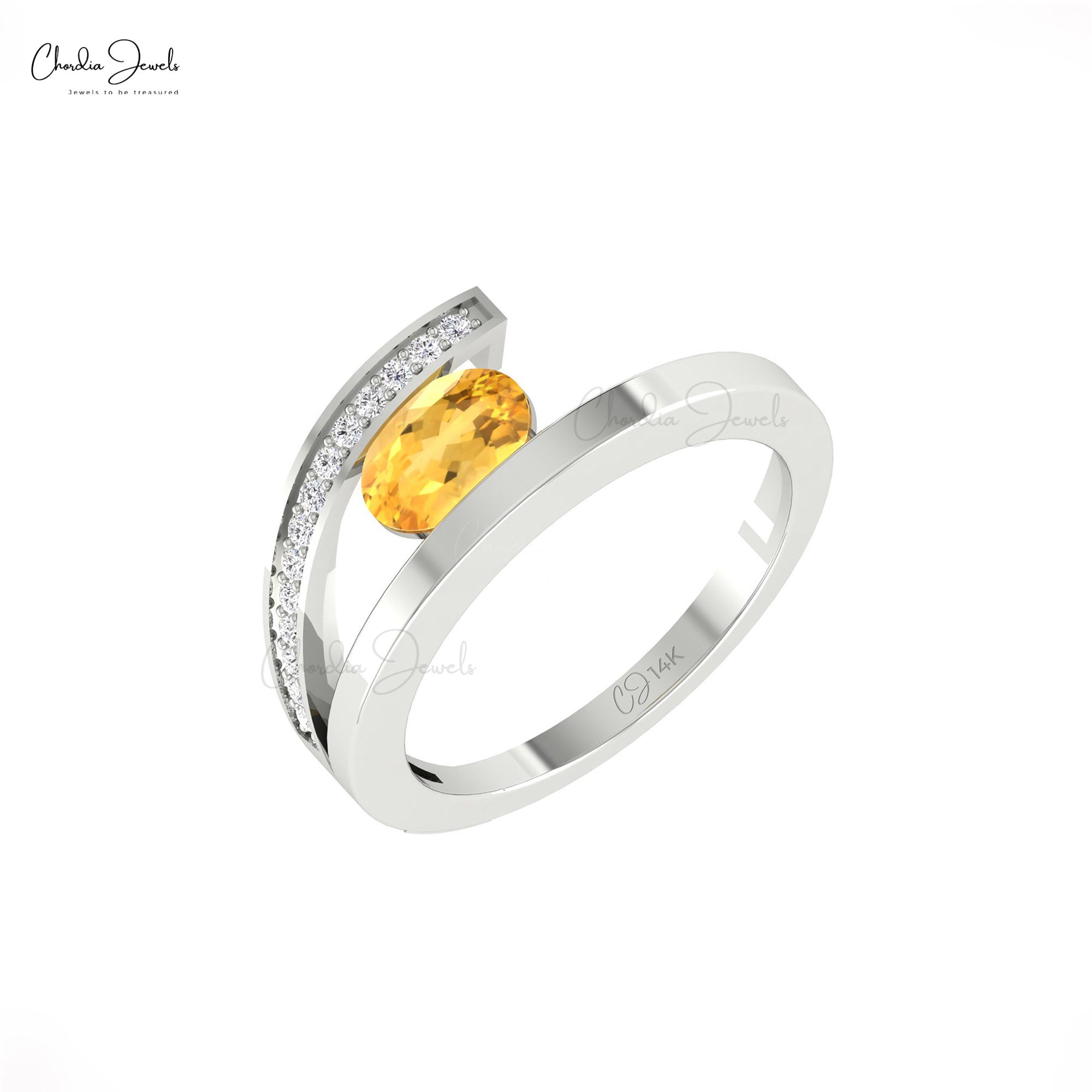 Bypass Oval Citrine Ring With Diamond Accents In 14k Real Gold Split Shank Women Rings