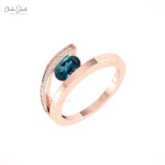 AAA London Blue Topaz Bypass Ring In Solid 14k Gold Diamond Handmade Fine Jewelry