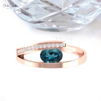 AAA London Blue Topaz Bypass Ring In Solid 14k Gold Diamond Handmade Fine Jewelry