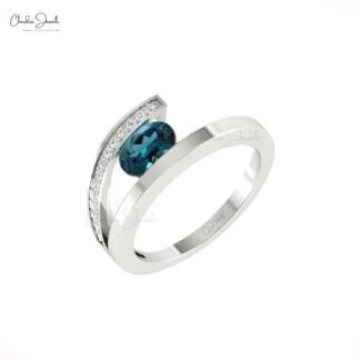 AAA London Blue Topaz Bypass Ring In Solid 14k Gold Diamond Handmade Fine Jewelry
