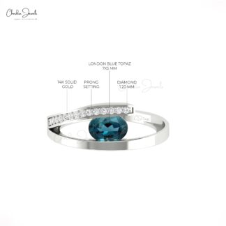 AAA London Blue Topaz Bypass Ring In Solid 14k Gold Diamond Handmade Fine Jewelry