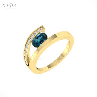 AAA London Blue Topaz Bypass Ring In Solid 14k Gold Diamond Handmade Fine Jewelry