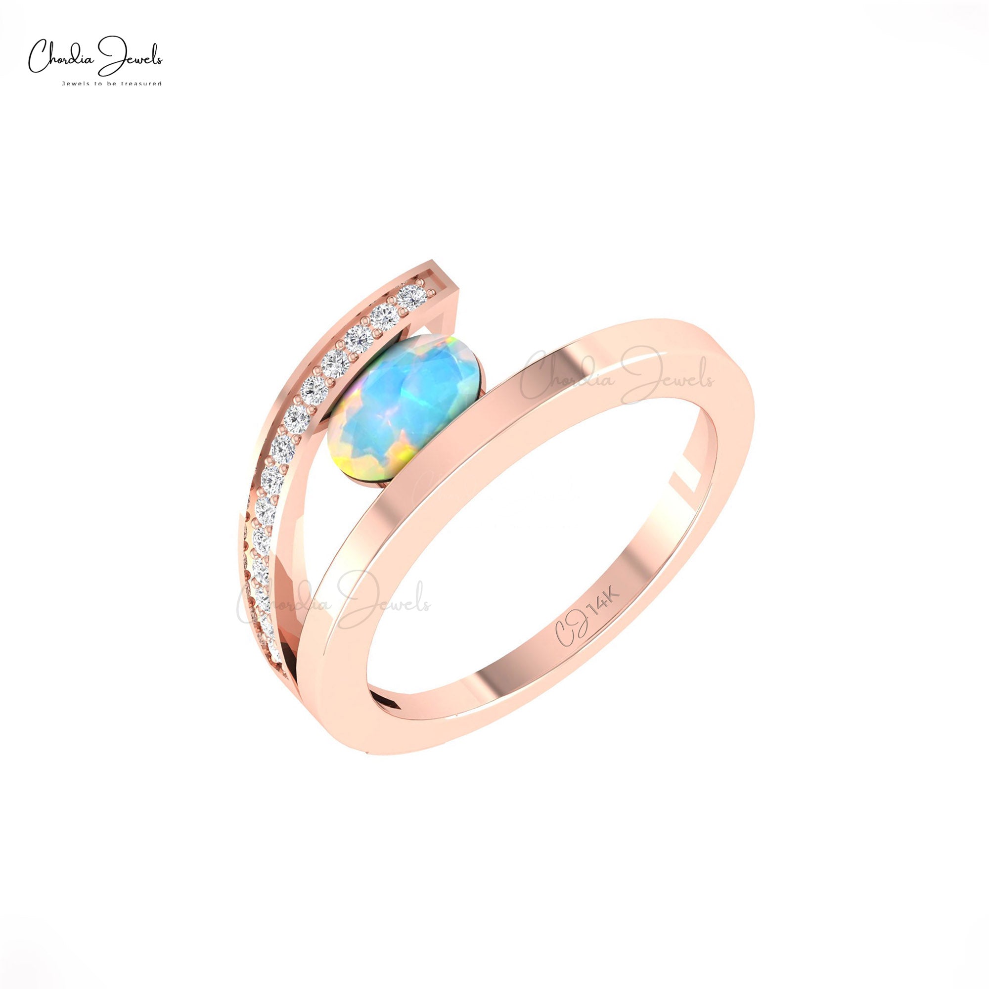 Dual Birthstone Bypass Ring With 0.72 Ct Fire Opal Diamond Split Shank Rings In 14k Gold