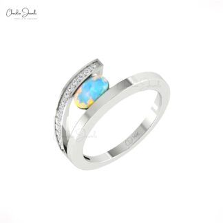Dual Birthstone Bypass Ring With 0.72 Ct Fire Opal Diamond Split Shank Rings In 14k Gold